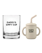 a whiskey glass and a children's sippy cup gift set that says 'daddys sippy cup' and 'dad's dude'
