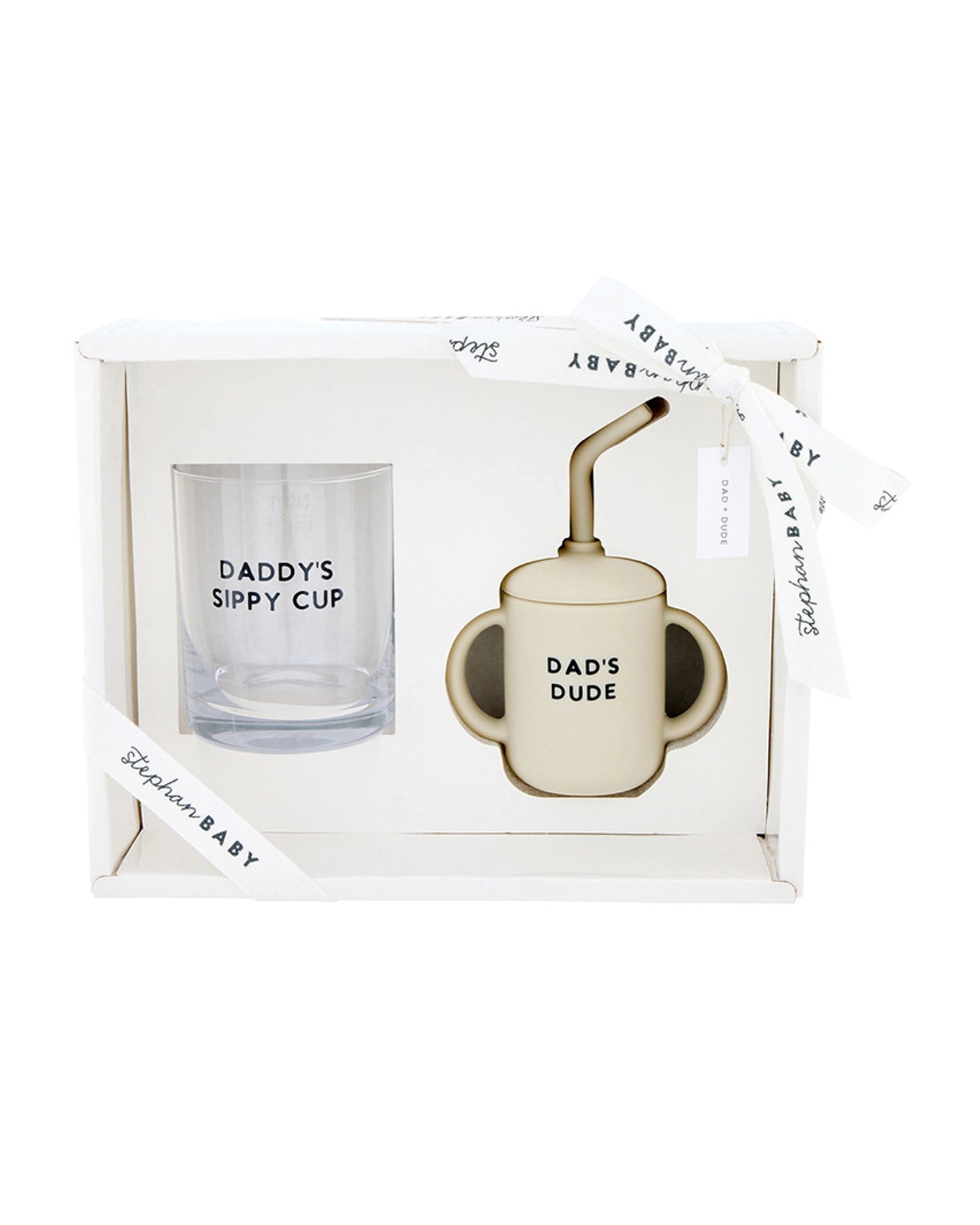 a whiskey glass and a children's sippy cup gift set that says 'daddys sippy cup' and 'dad's dude'