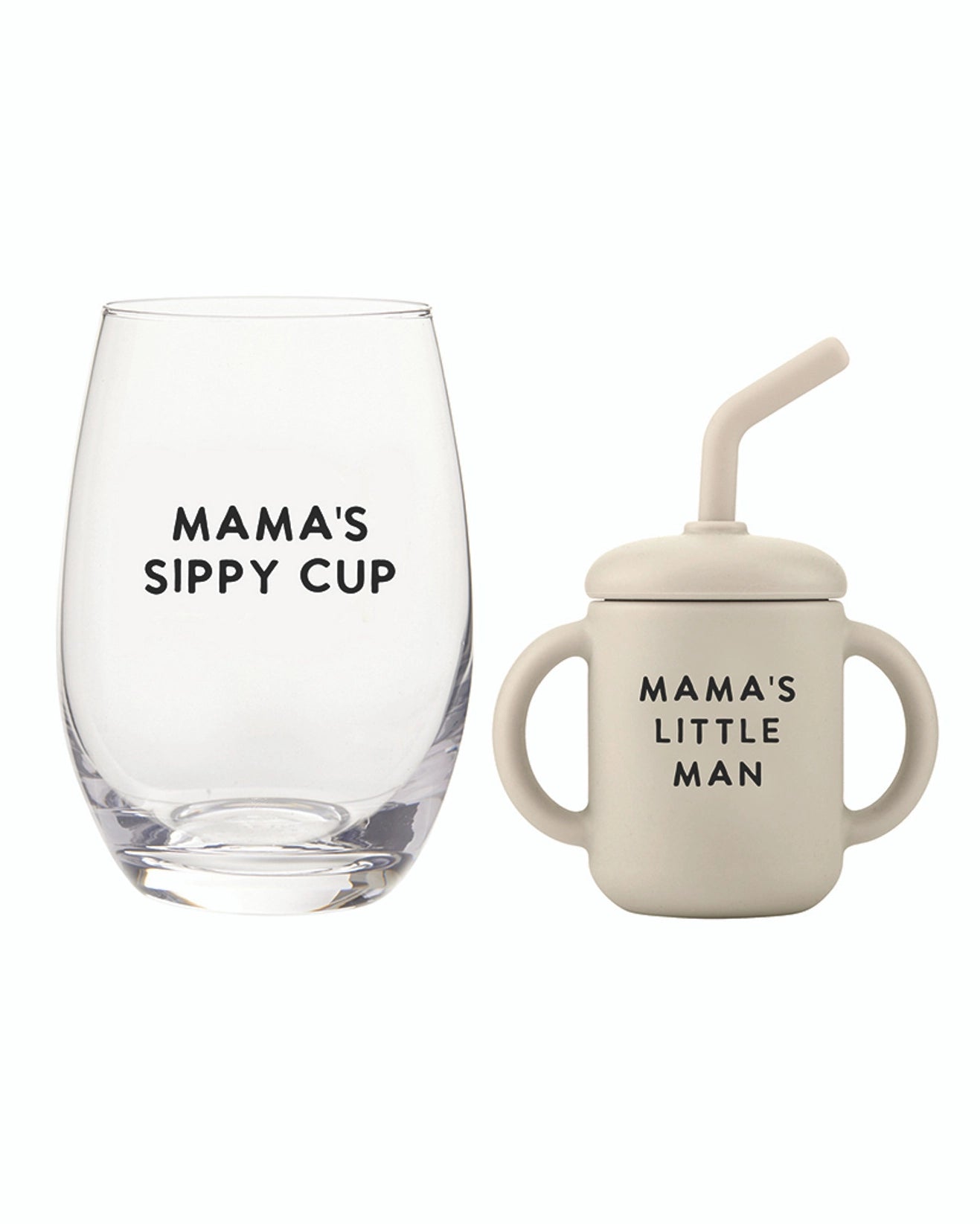 a wine glass and a children's sippy cup gift set that says 'mama's sippy cup' and 'mama's little man'