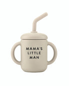 a children's sippy cup that says  'mama's little man'