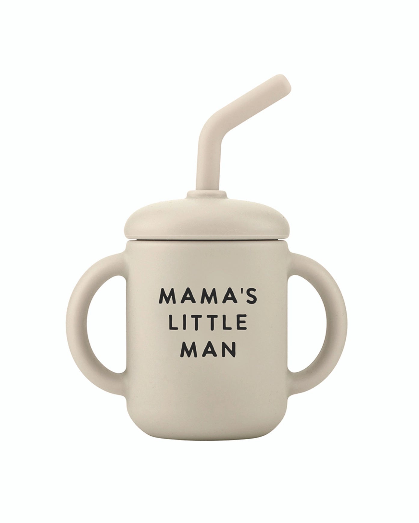 a children's sippy cup that says  'mama's little man'