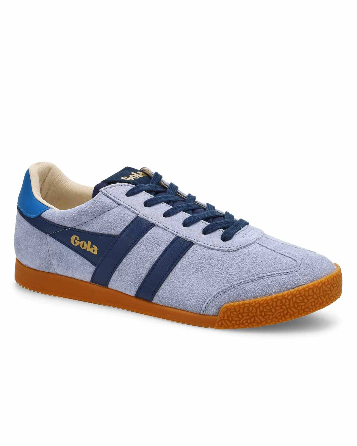 Suede Sneaker with light blue, cobalt blue  and navy blue with 'Gola' brand on them in gold