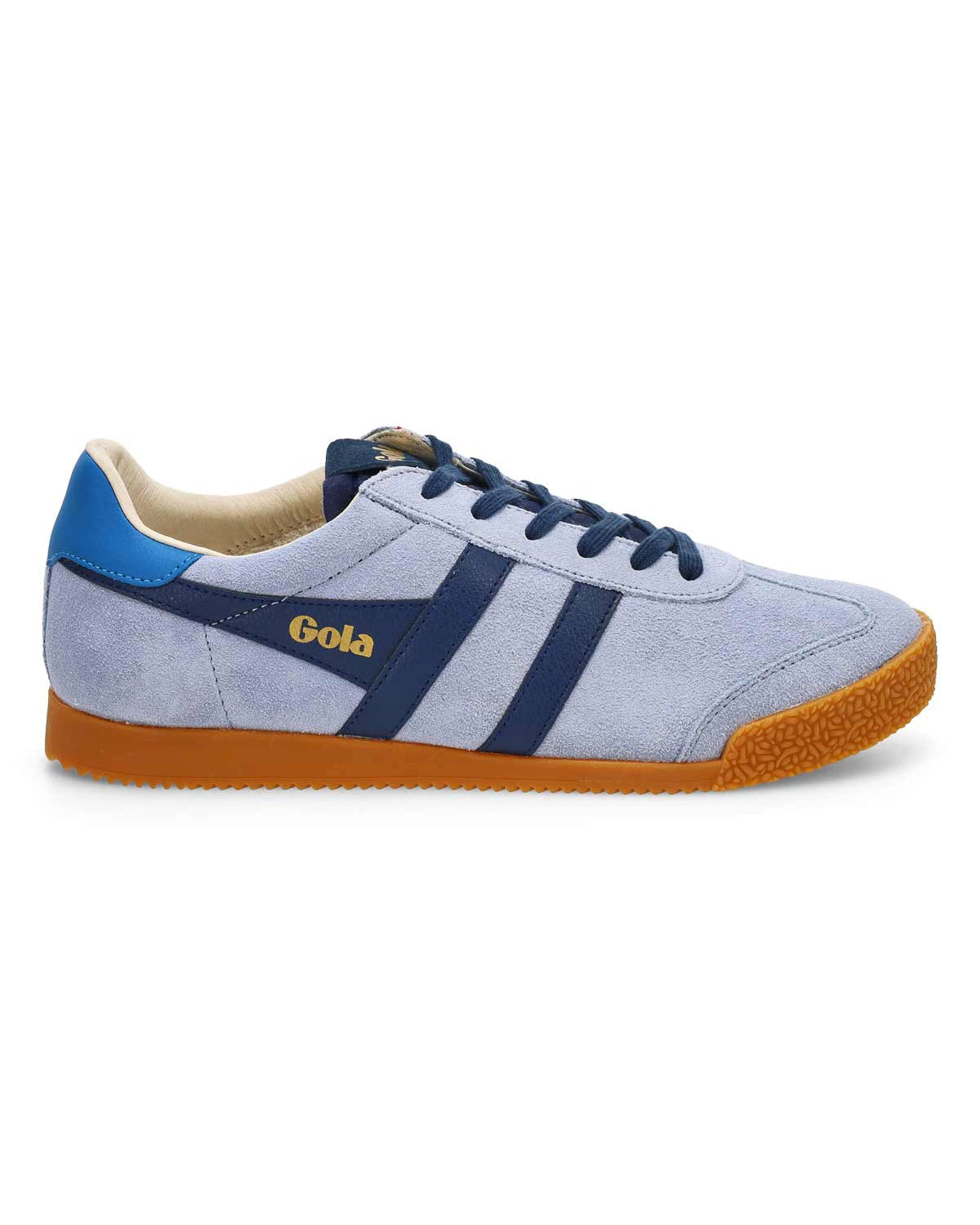Suede Sneaker with light blue, cobalt blue  and navy blue with 'Gola' brand on them in gold