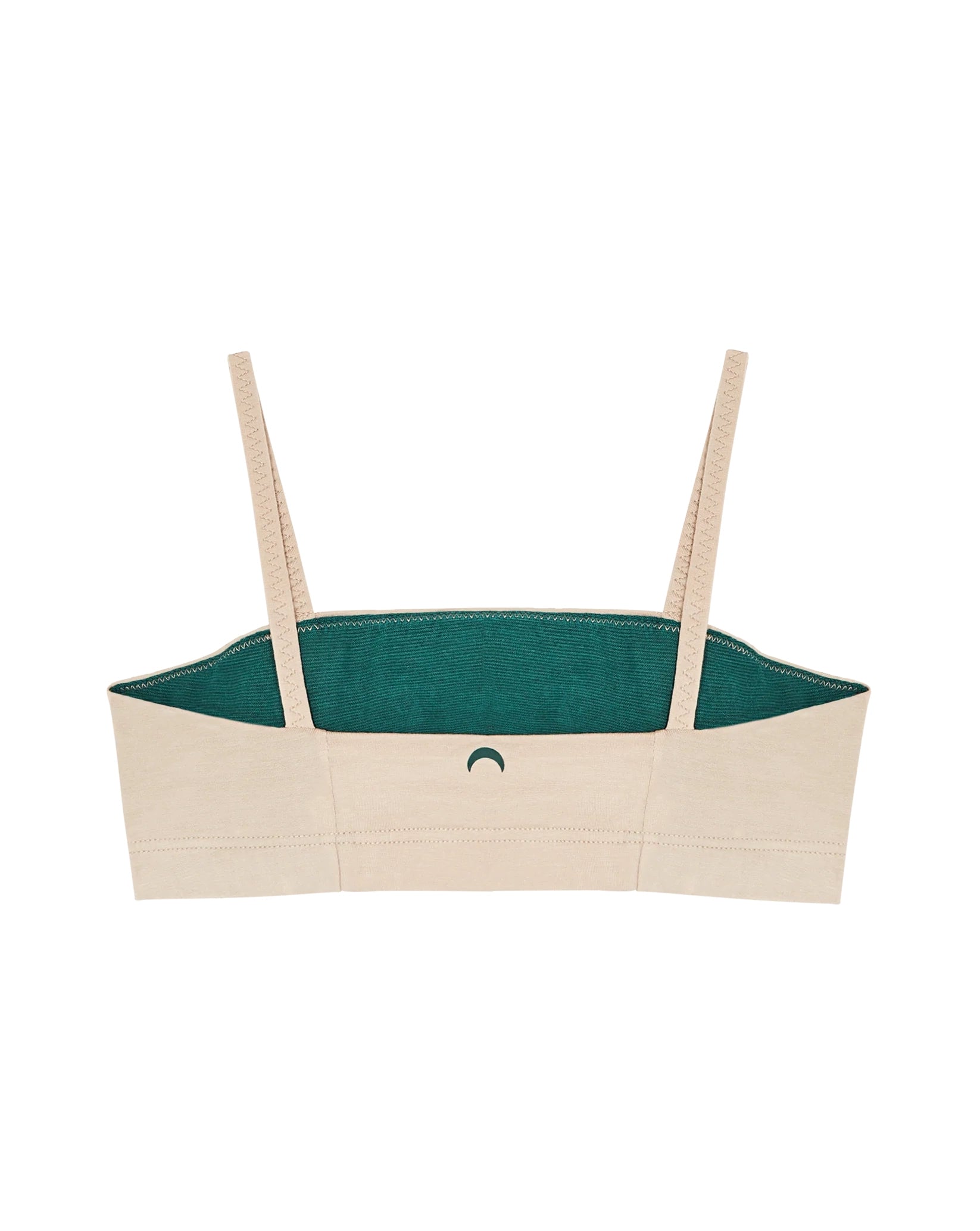 Backwards view of beige bandeau sports modal bralette