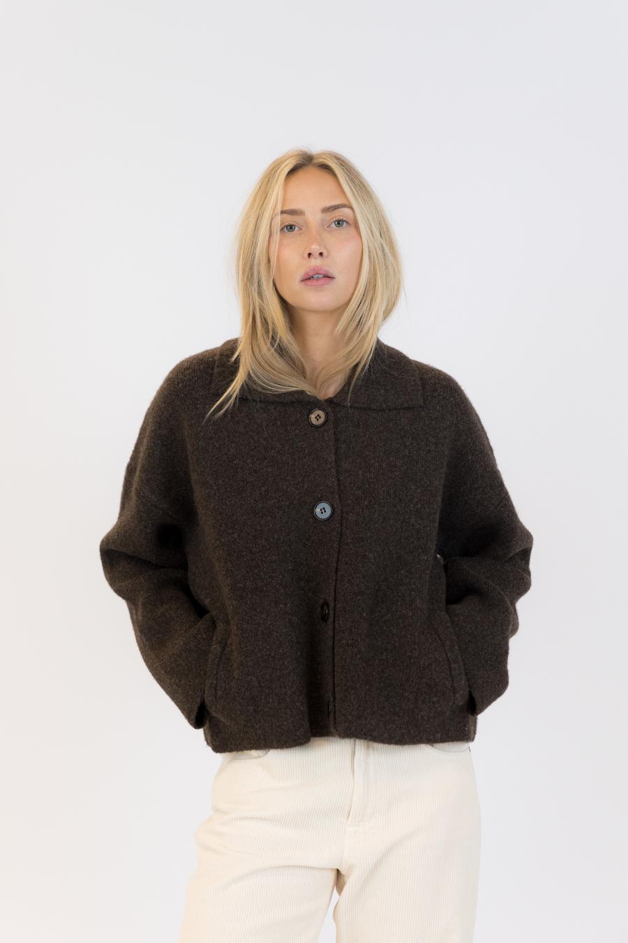 brown cardigan with collar