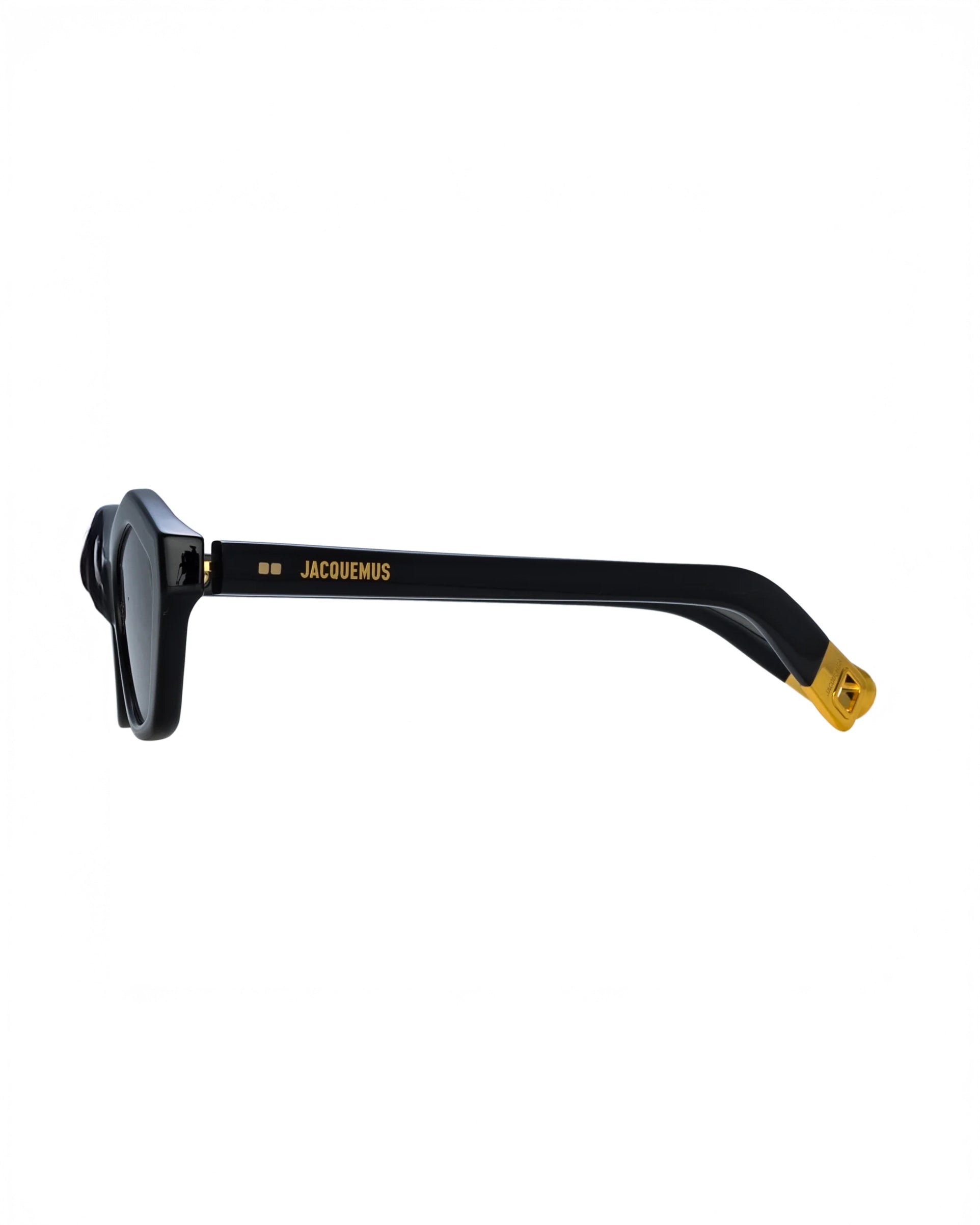 Side view of Jaquemus Bambino Angular Sunglasses in Black with Gold Details