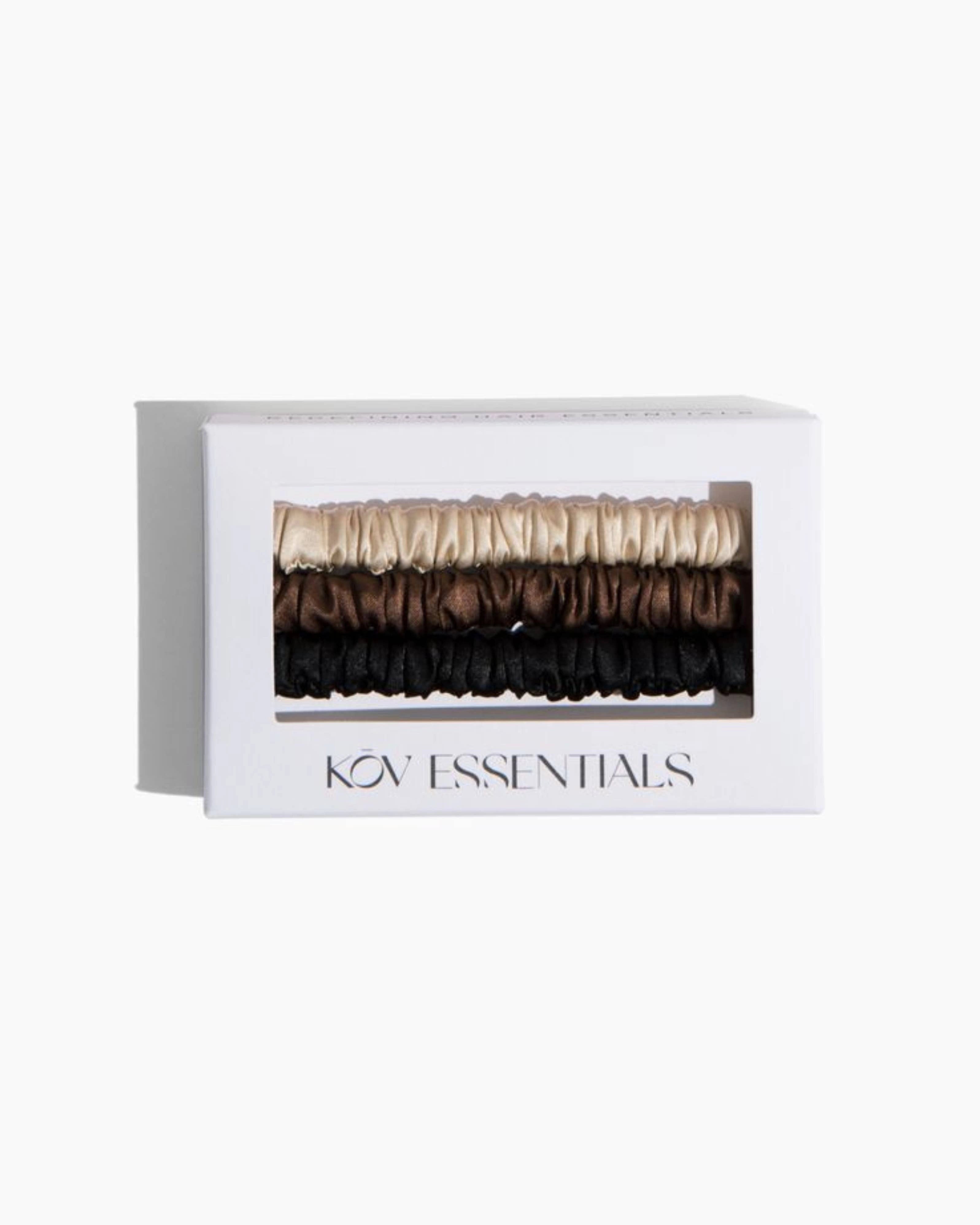 Set of silk hair ties in a Kov Essentials box