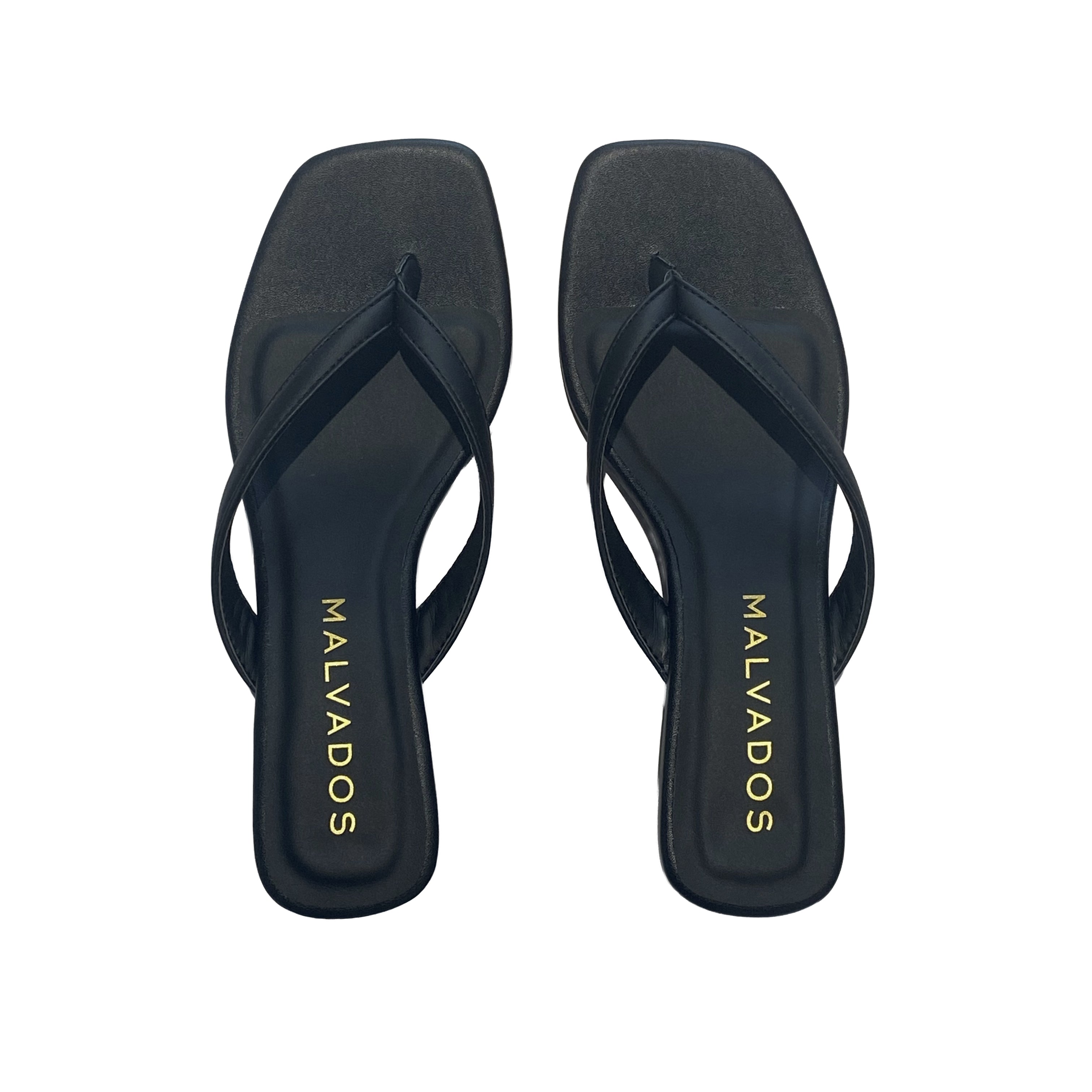 black flip flops with a square toe and small heel