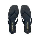 black flip flops with a square toe and small heel