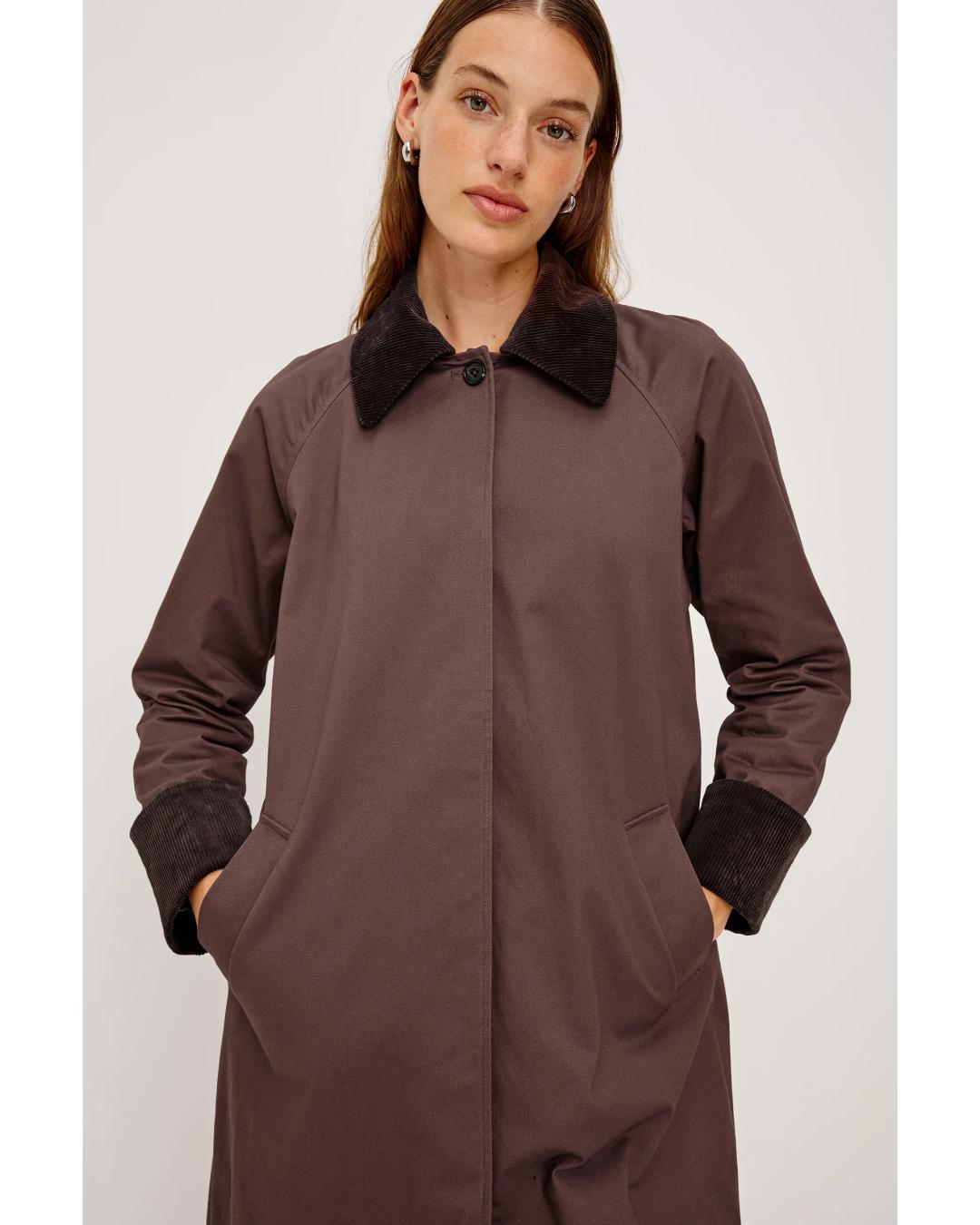 brown midi coat with brown collar