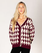 chunky knit cardigan in Burgundy and white houndstooth