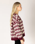 chunky knit cardigan in Burgundy and white houndstooth