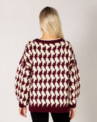 chunky knit cardigan in Burgundy and white houndstooth