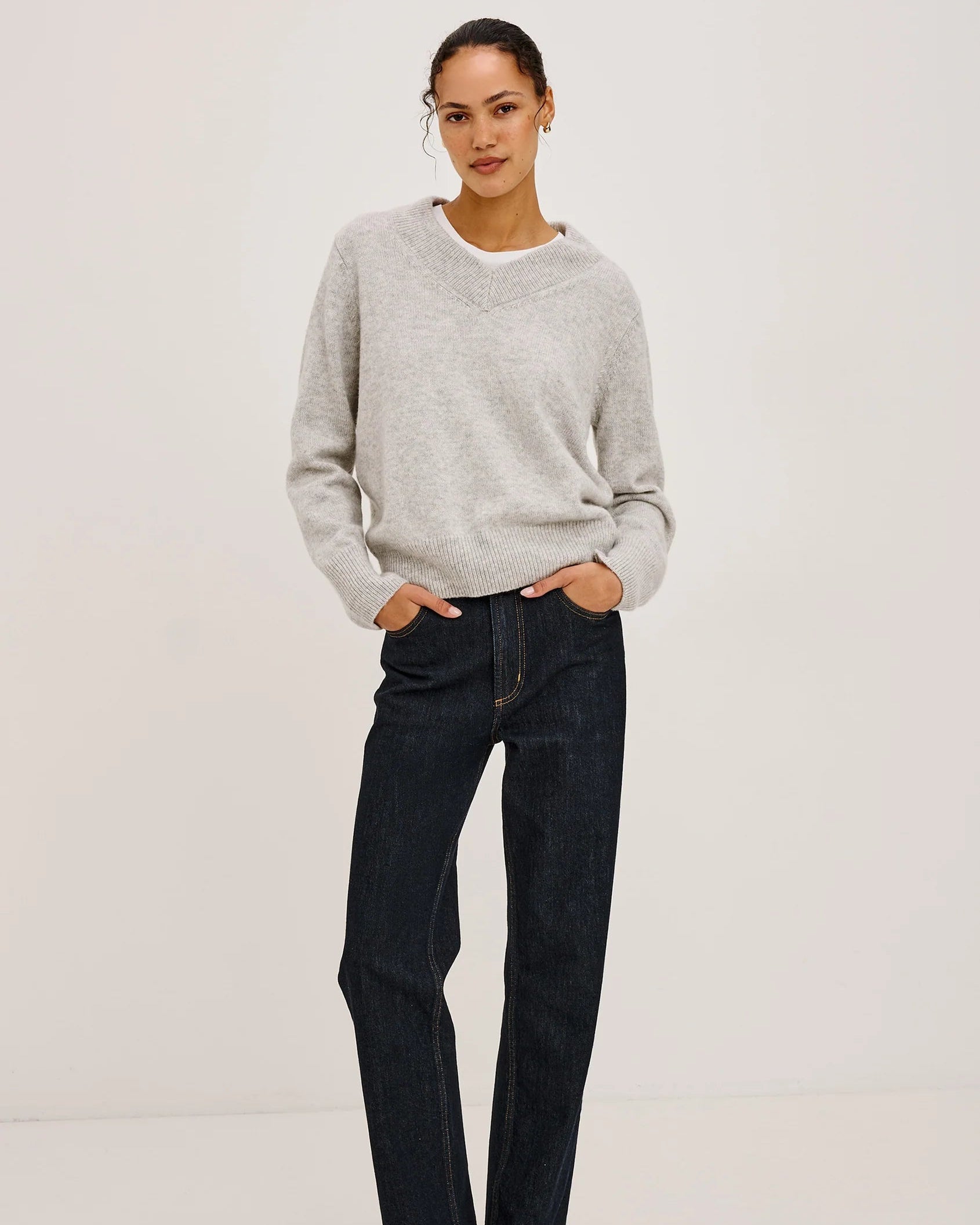 v-neck grey knit sweater