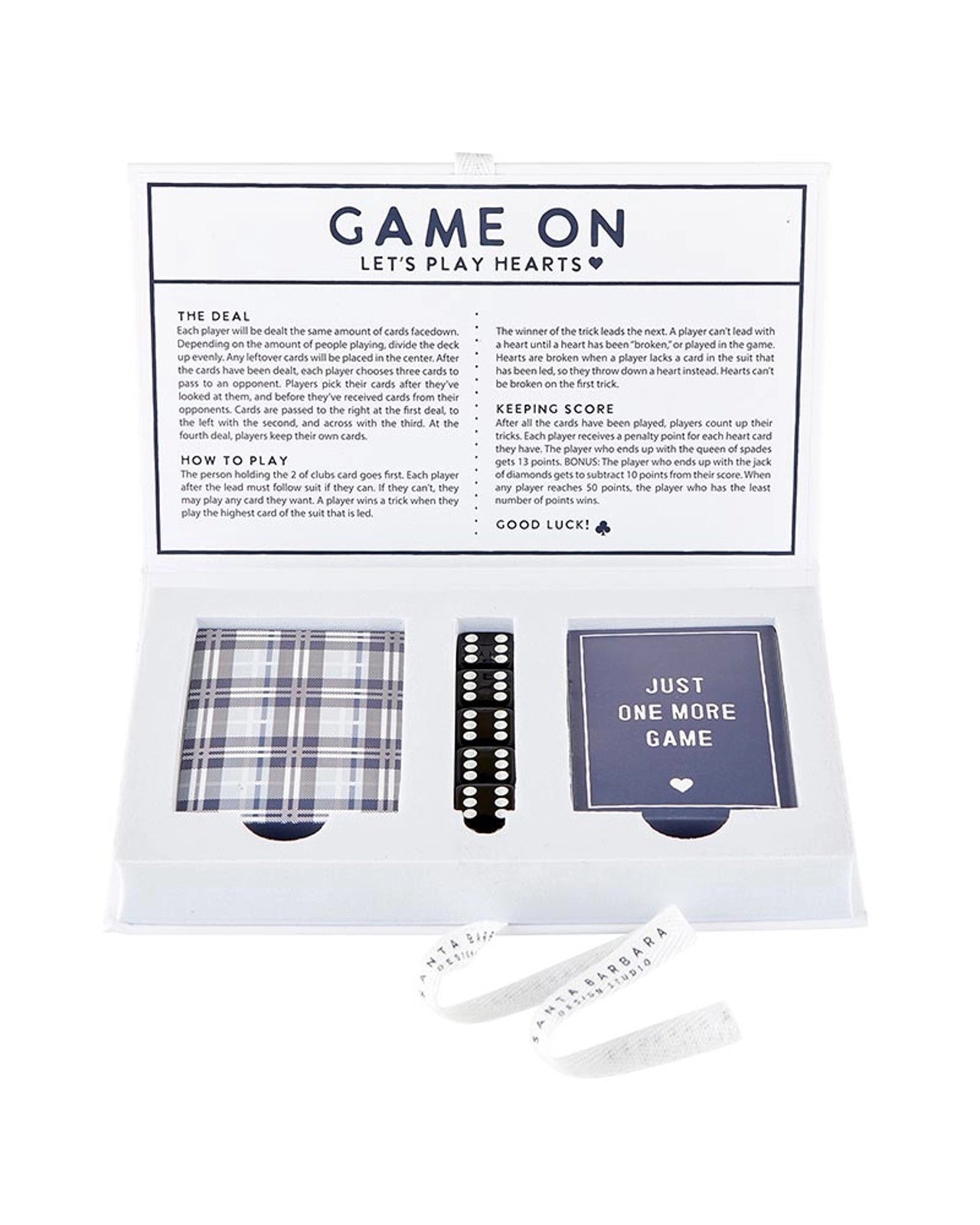 A playing card game set called 'Lake Game Night' that shows rules and the 2 sets of cards and 4 dice included