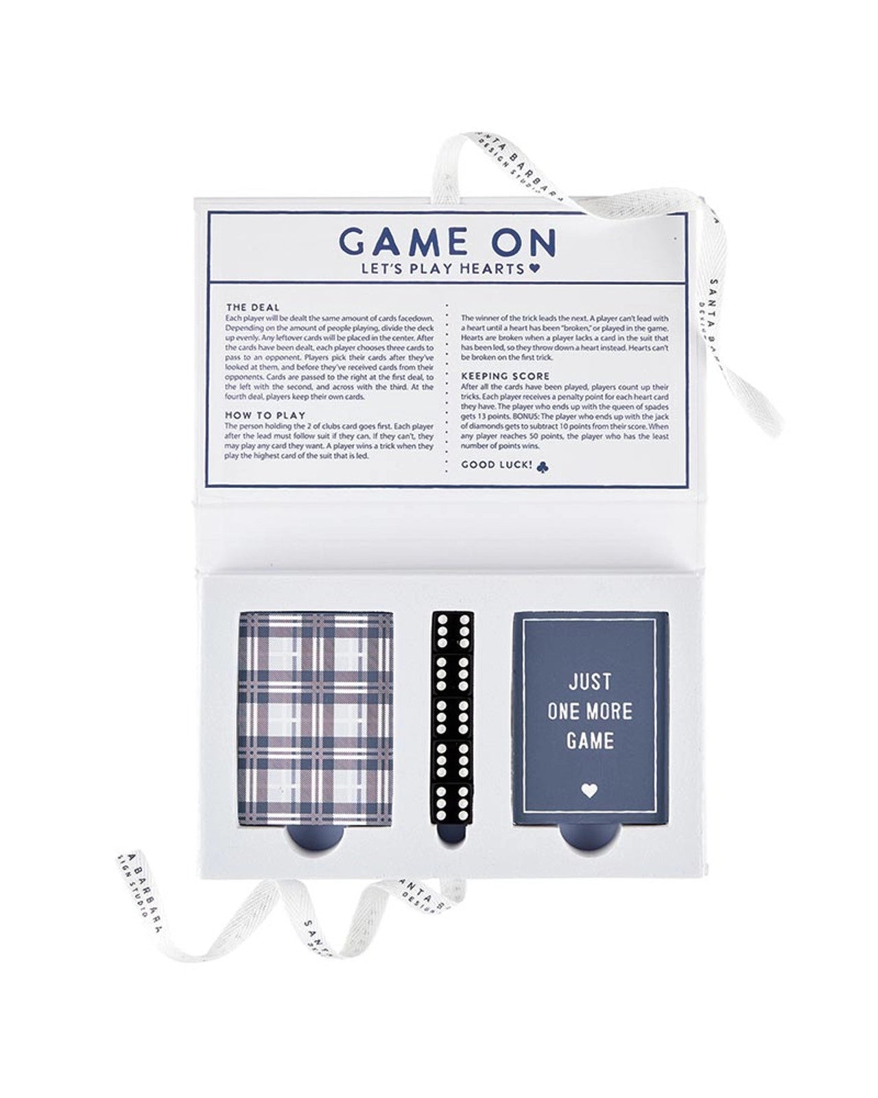A playing card game set called 'Lake Game Night' that shows rules and the 2 sets of cards and 4 dice included