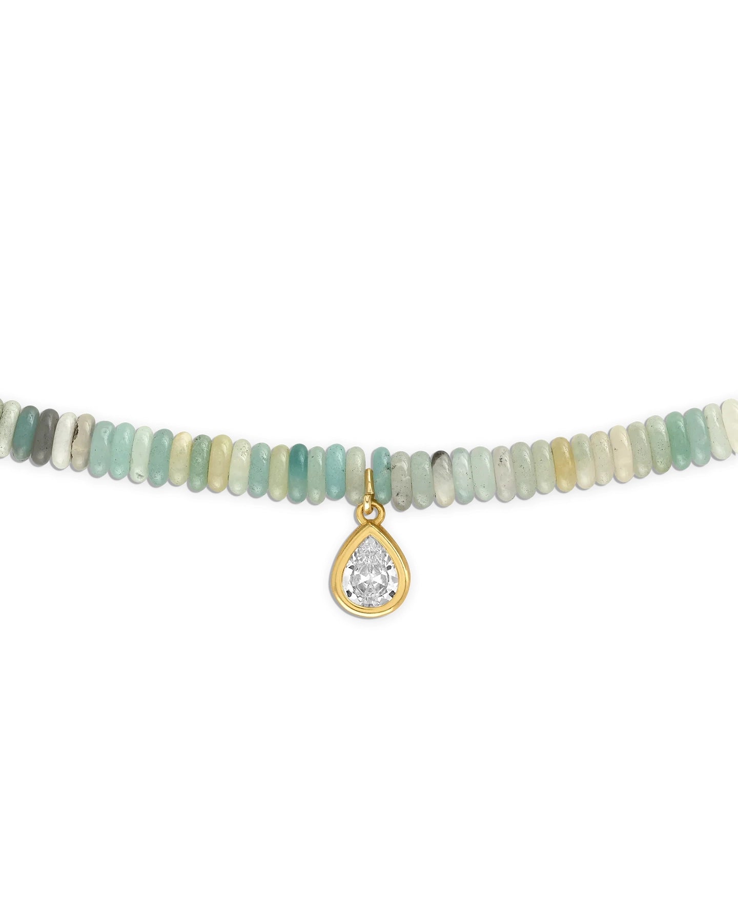 Necklace with multicolored amazonite beads and a gold pendant 