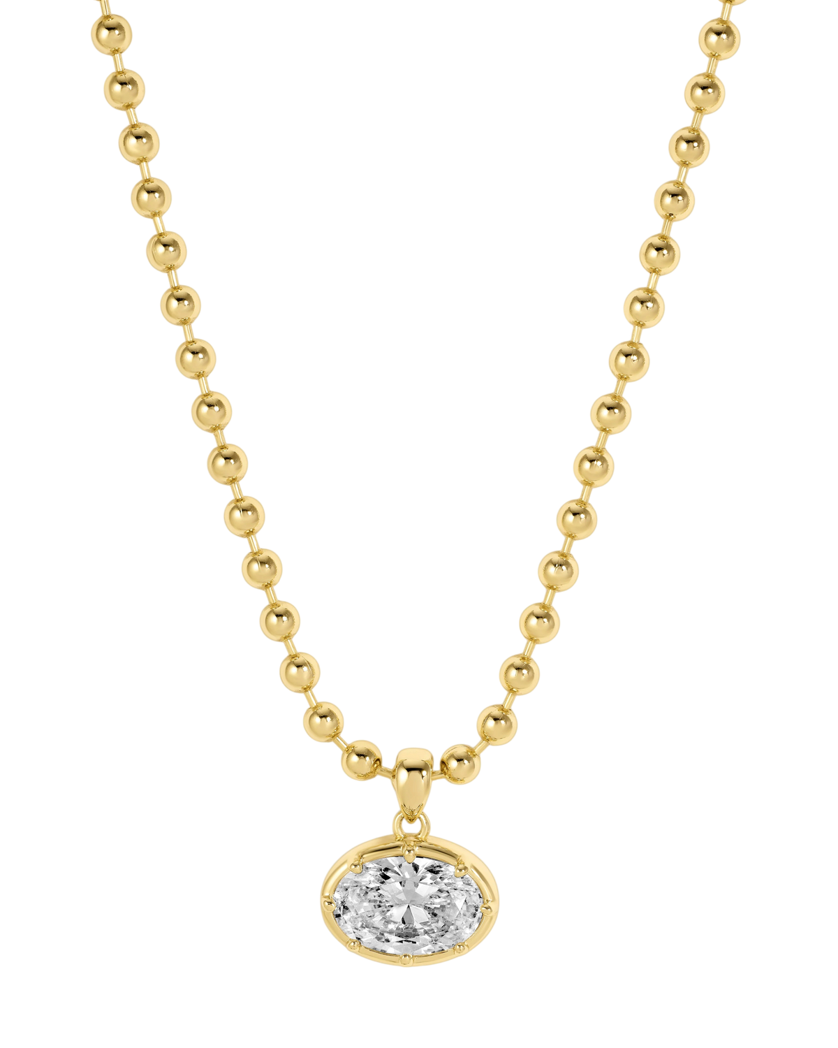 A gold chain necklace with a big oval crystal pendant by brand Lili Claspe