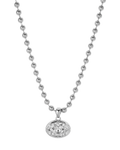 A silver rhodium chain necklace with a big oval crystal pendant by brand Lili Claspe