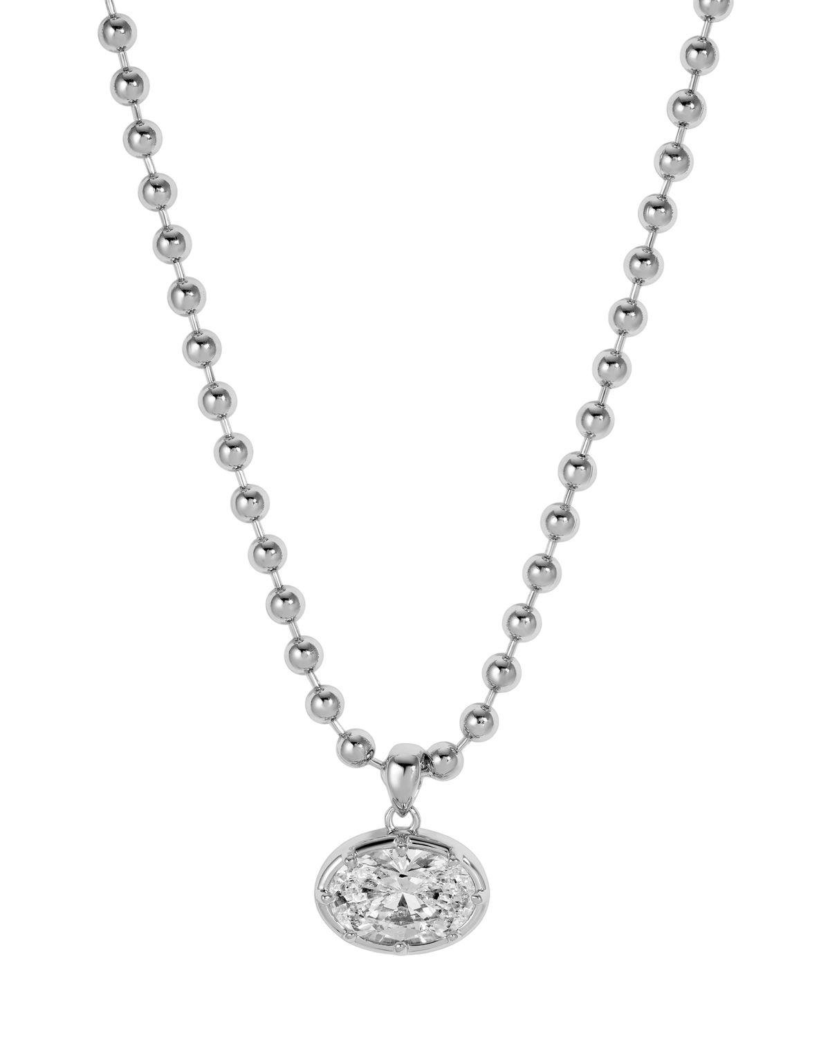 A silver rhodium chain necklace with a big oval crystal pendant by brand Lili Claspe