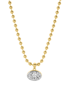A gold and silver tw tone chain necklace with a big oval crystal pendant by brand Lili Claspe