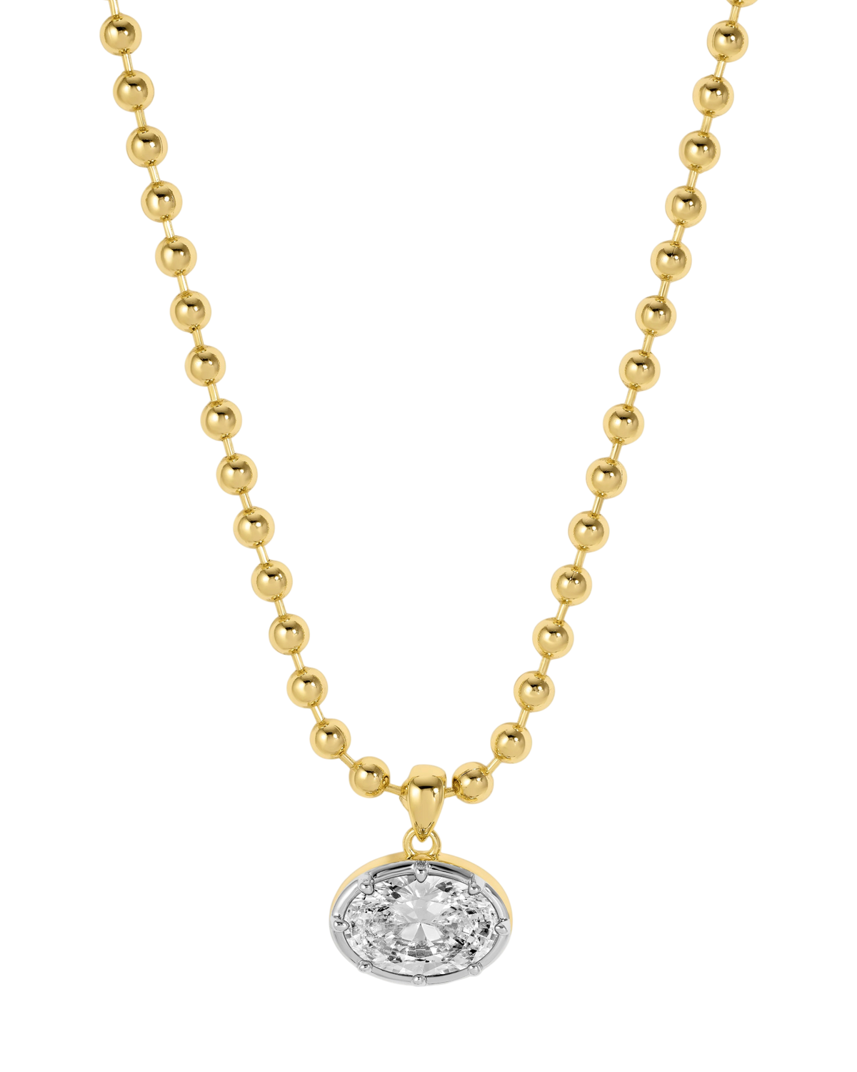 A gold and silver tw tone chain necklace with a big oval crystal pendant by brand Lili Claspe