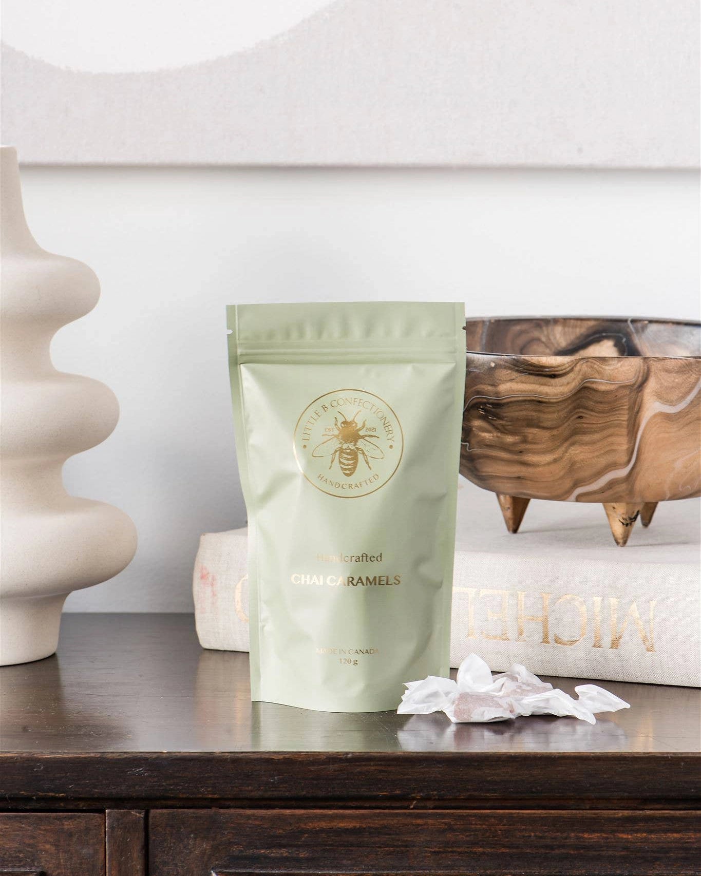 Green package of chai caramels by Little B Confectionary caramels