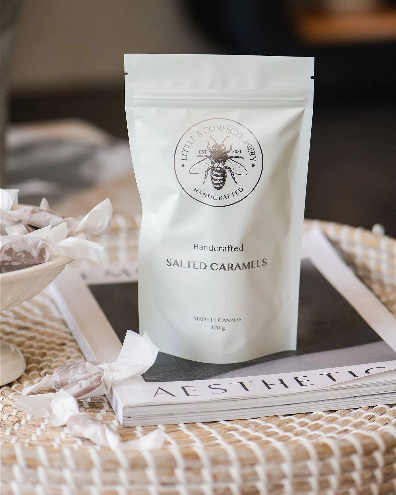 A bag of salted caramels made in canada by Little B Confectionary