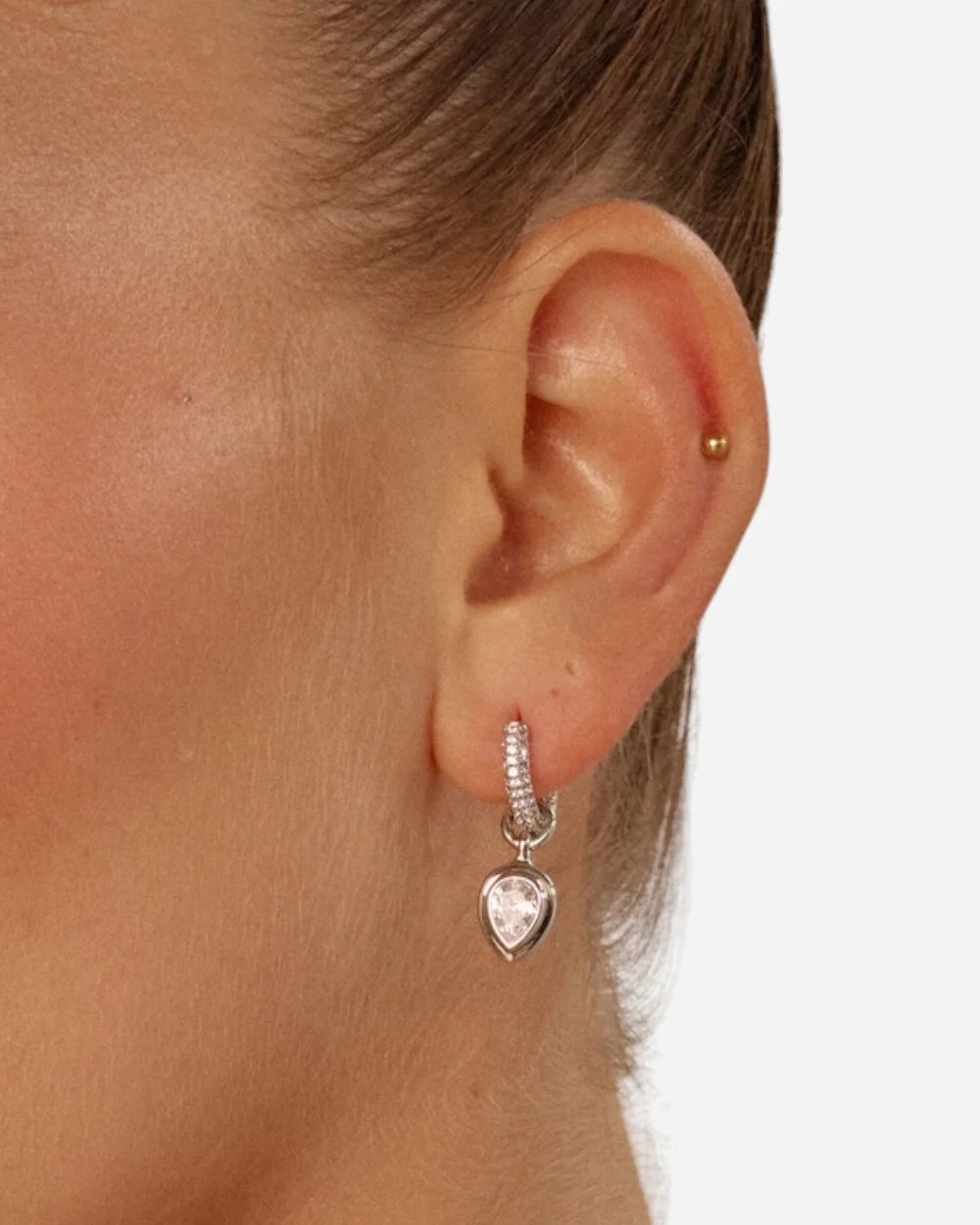 Luv AJ Pear Double Bezel Charm Huggie Earrings Silver