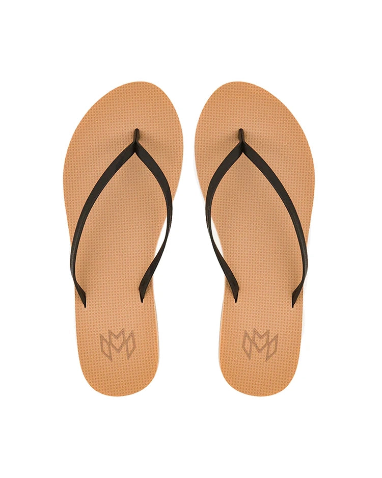 A pair of tan flip flops with black straps, viewed from above.