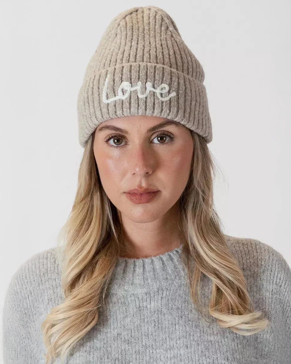 Lyla and Luxe Love Beanie Hat in Taupe