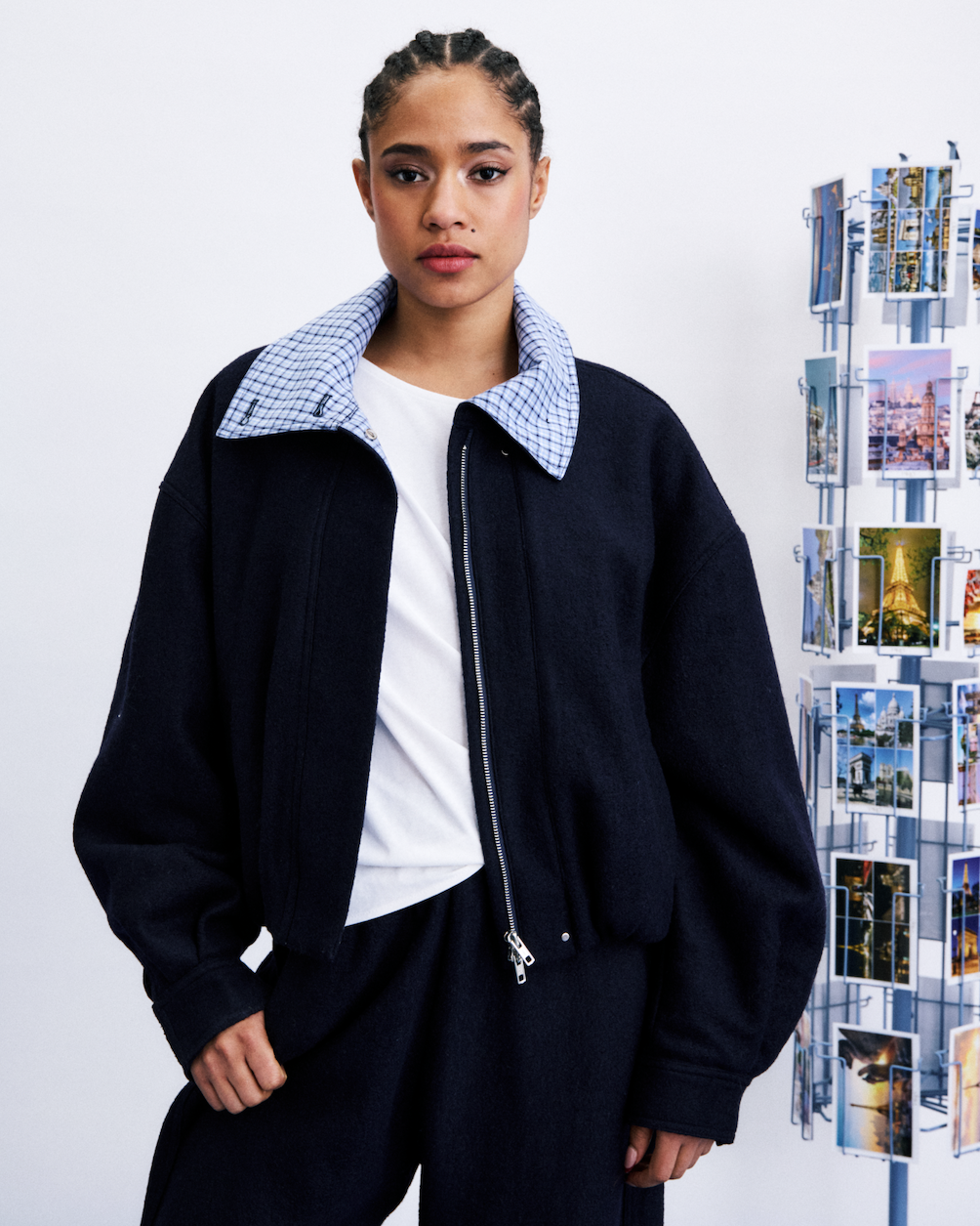 blue jacket with plaid collar