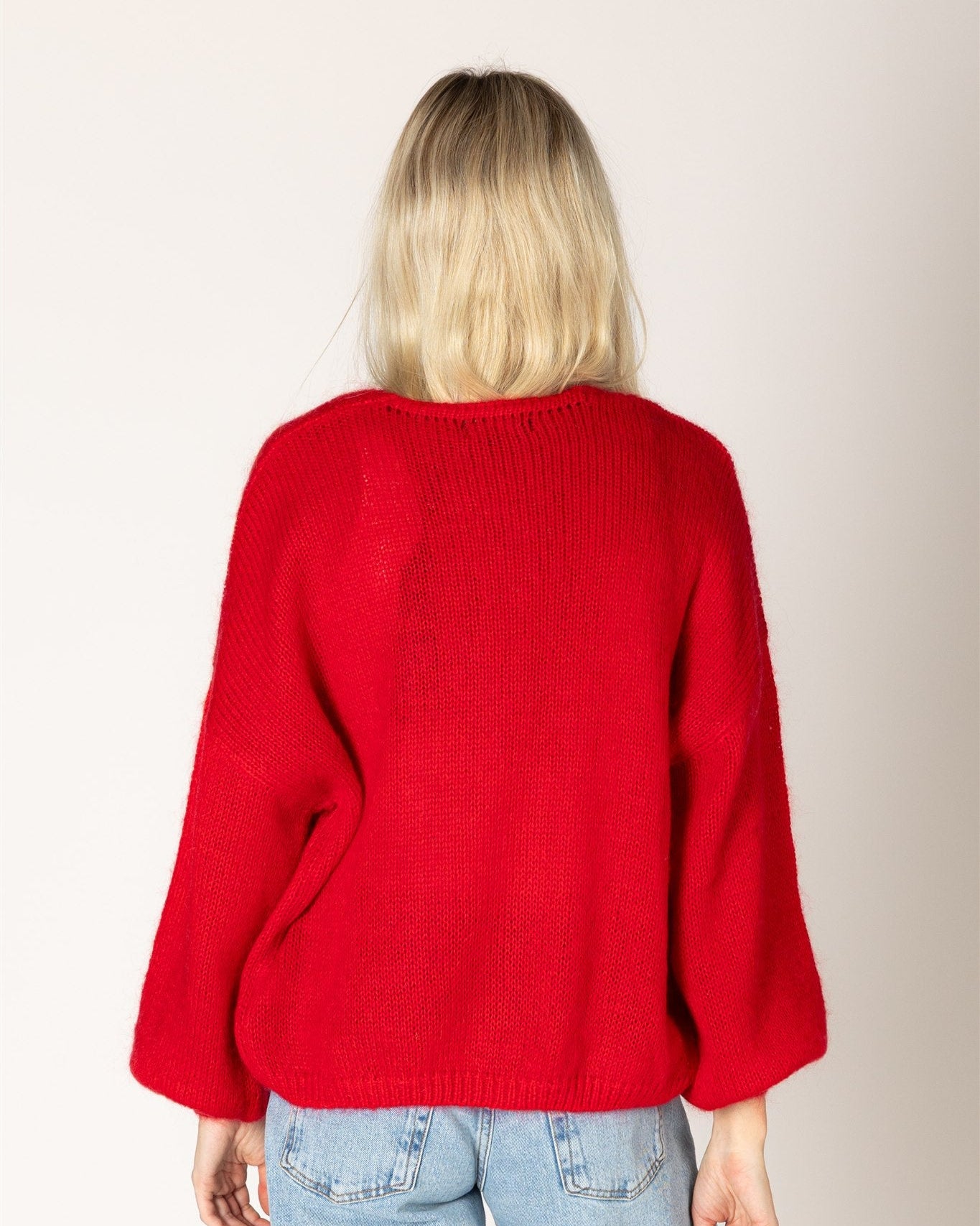 red knit open cardigan