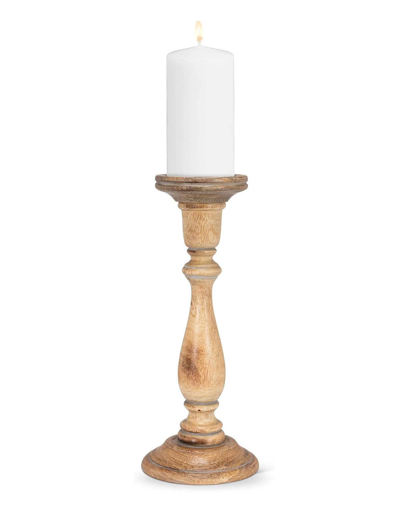 wooden pillar candle holder with candle by abbott