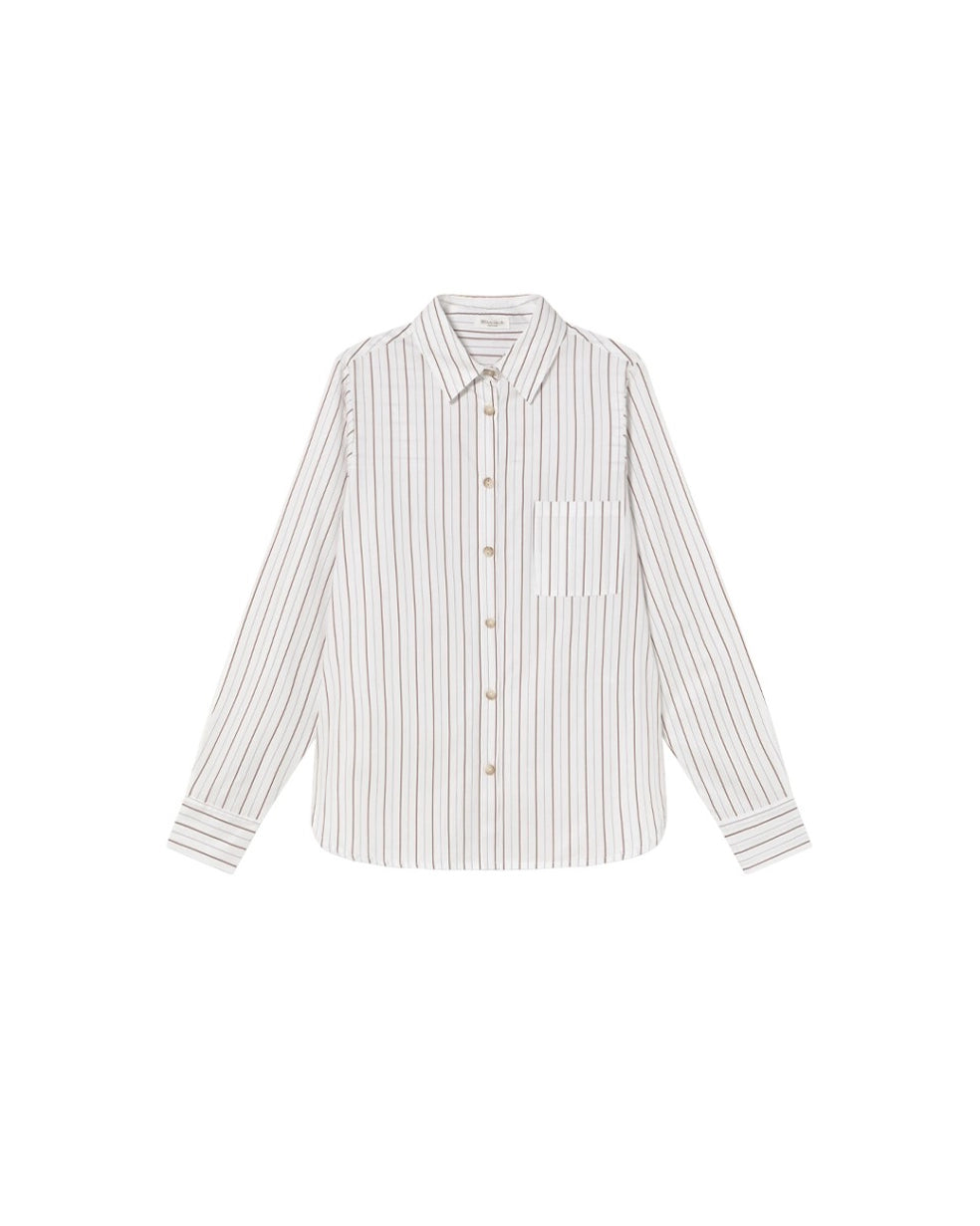 a button up cotton shirt in white with brown stripes