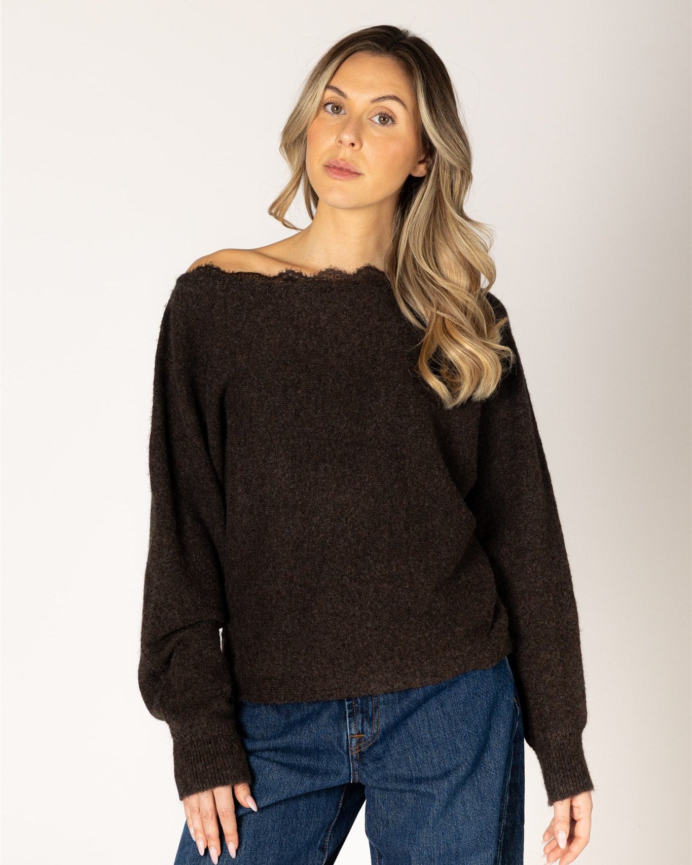 brown knit off the shoulder sweater