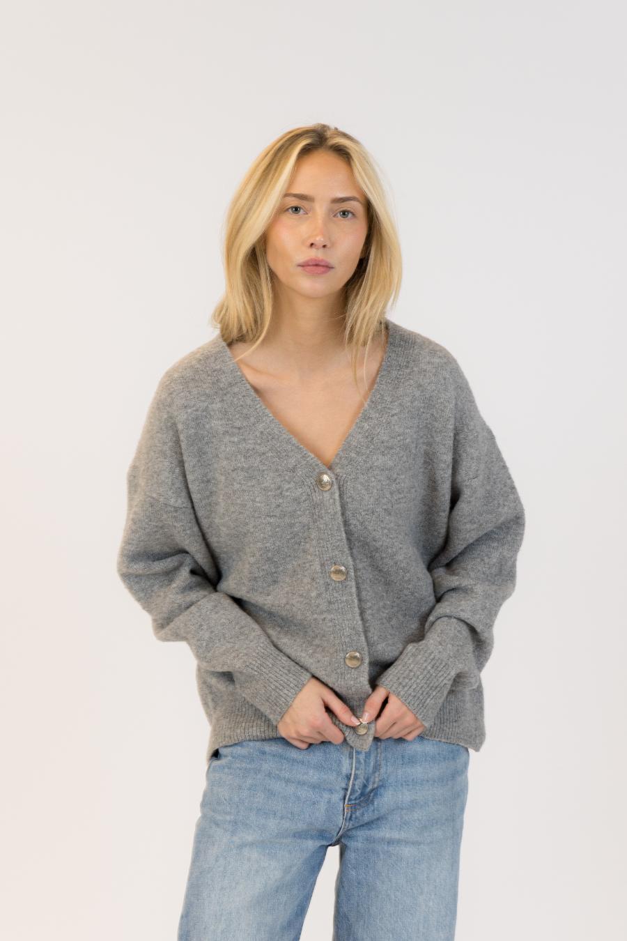 grey cardigan with silver buttons