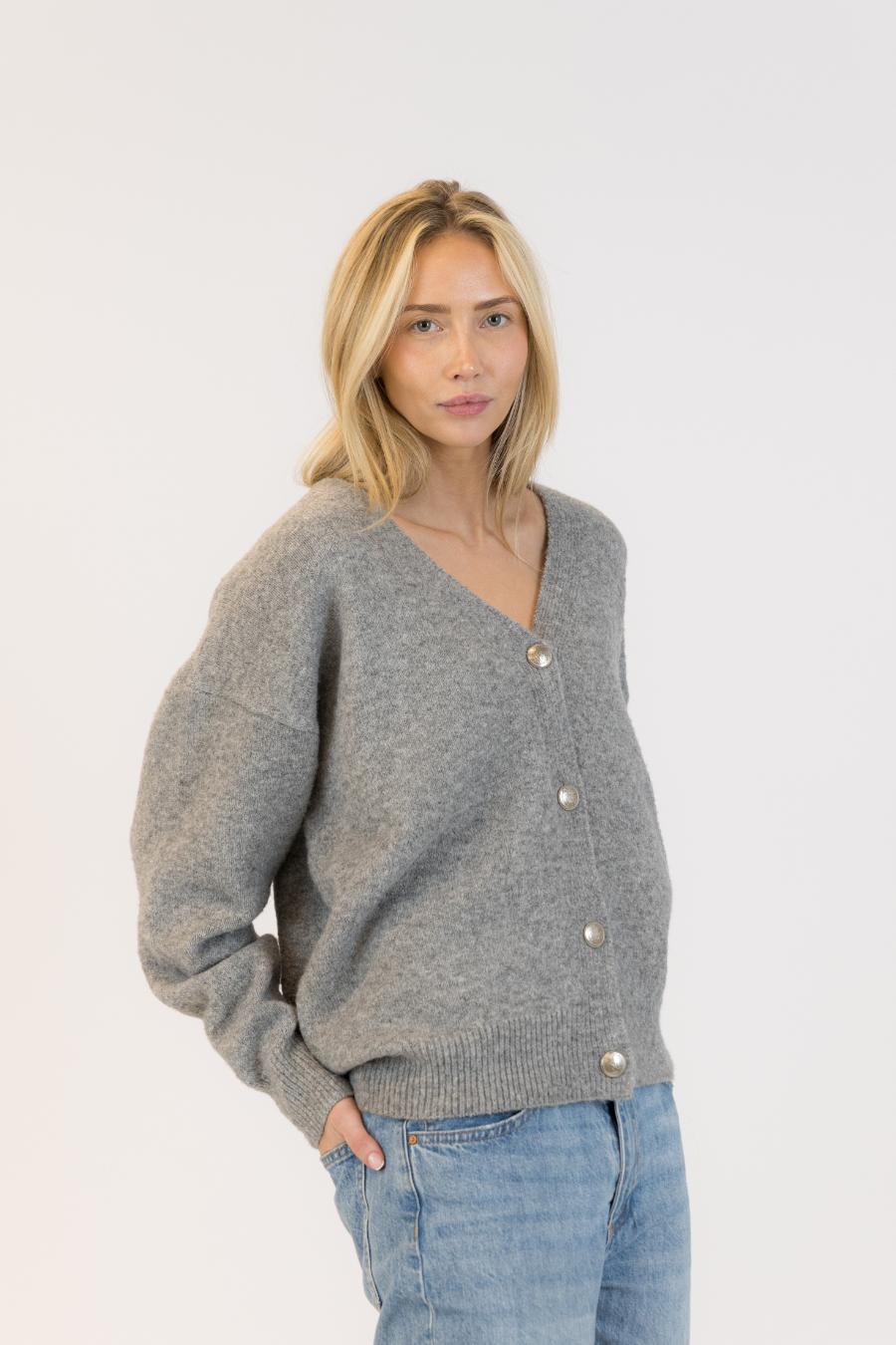 grey cardigan with silver buttons