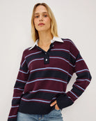 burgundy, navy and blue rugby stripe long sleeve with white collar
