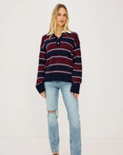 burgundy, navy and blue rugby stripe long sleeve with white collar