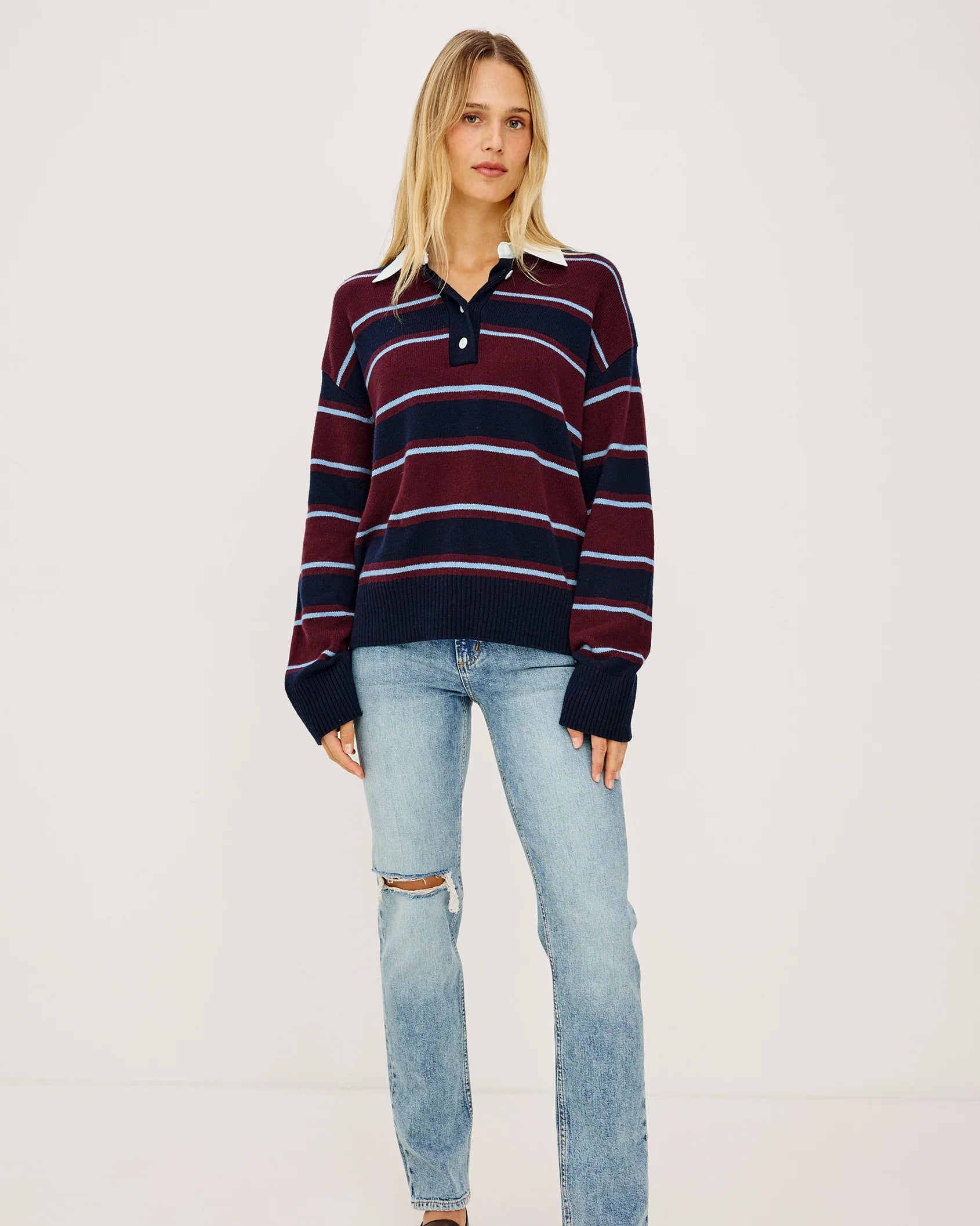 burgundy, navy and blue rugby stripe long sleeve with white collar