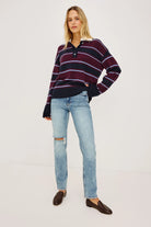 burgundy, navy and blue rugby stripe long sleeve with white collar