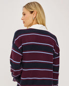 burgundy, navy and blue rugby stripe long sleeve with white collar