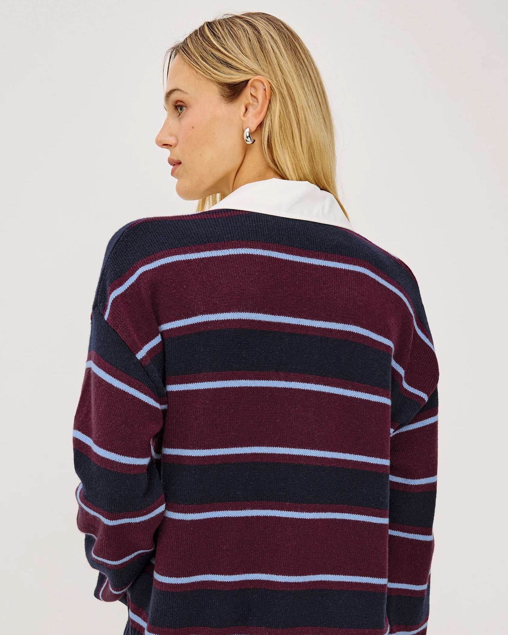 burgundy, navy and blue rugby stripe long sleeve with white collar