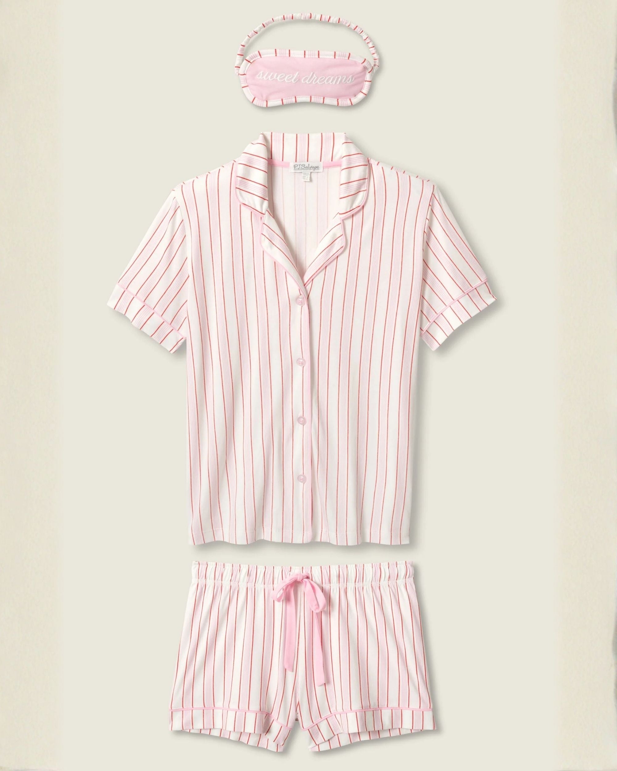 a short sleeve and shorts and eye mask pj set in pink with red stripes