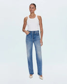 a woman wearing high rise straight jeans from Pistola