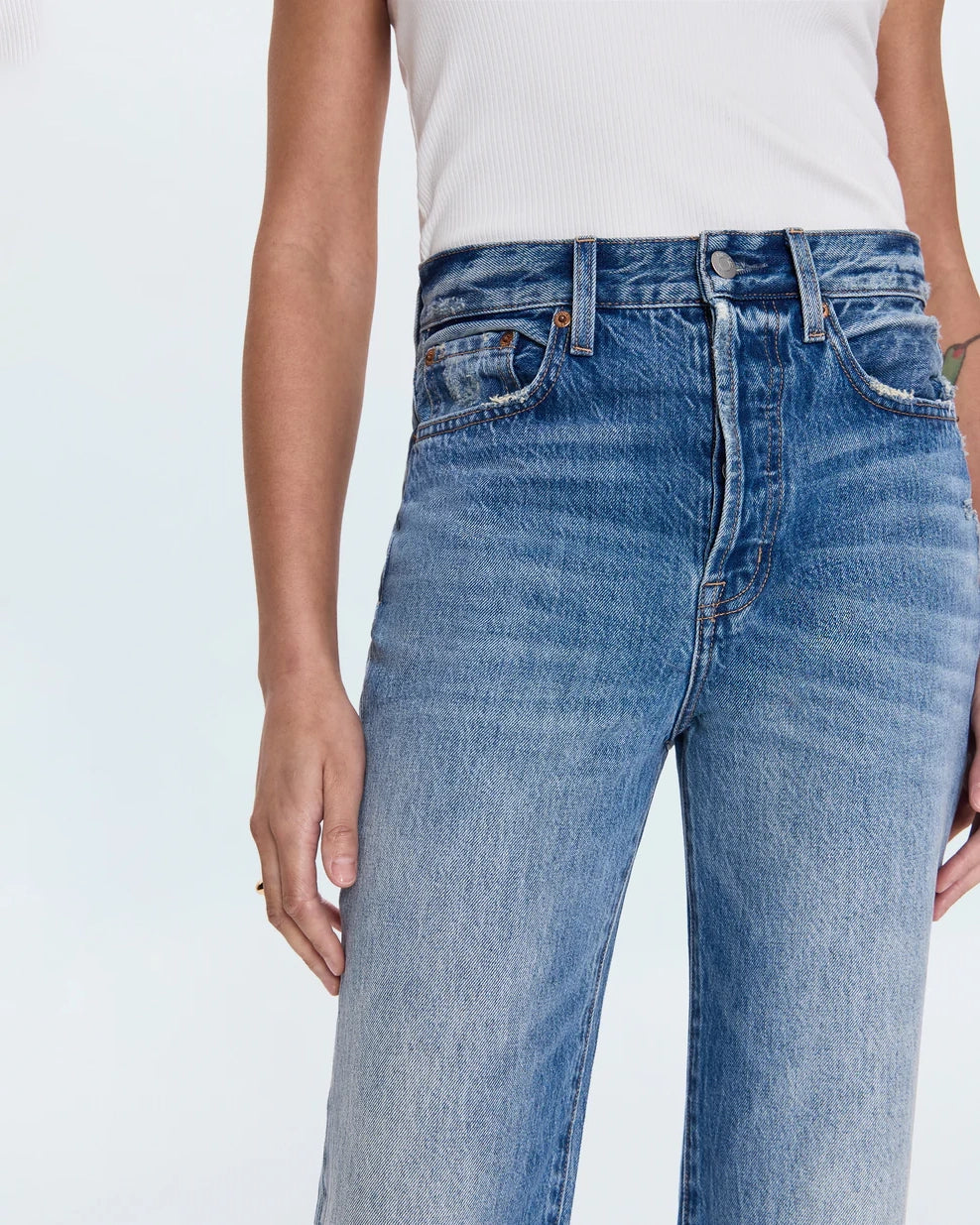 a woman wearing high rise straight jeans from Pistola