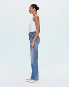 a woman wearing high rise straight jeans from Pistola