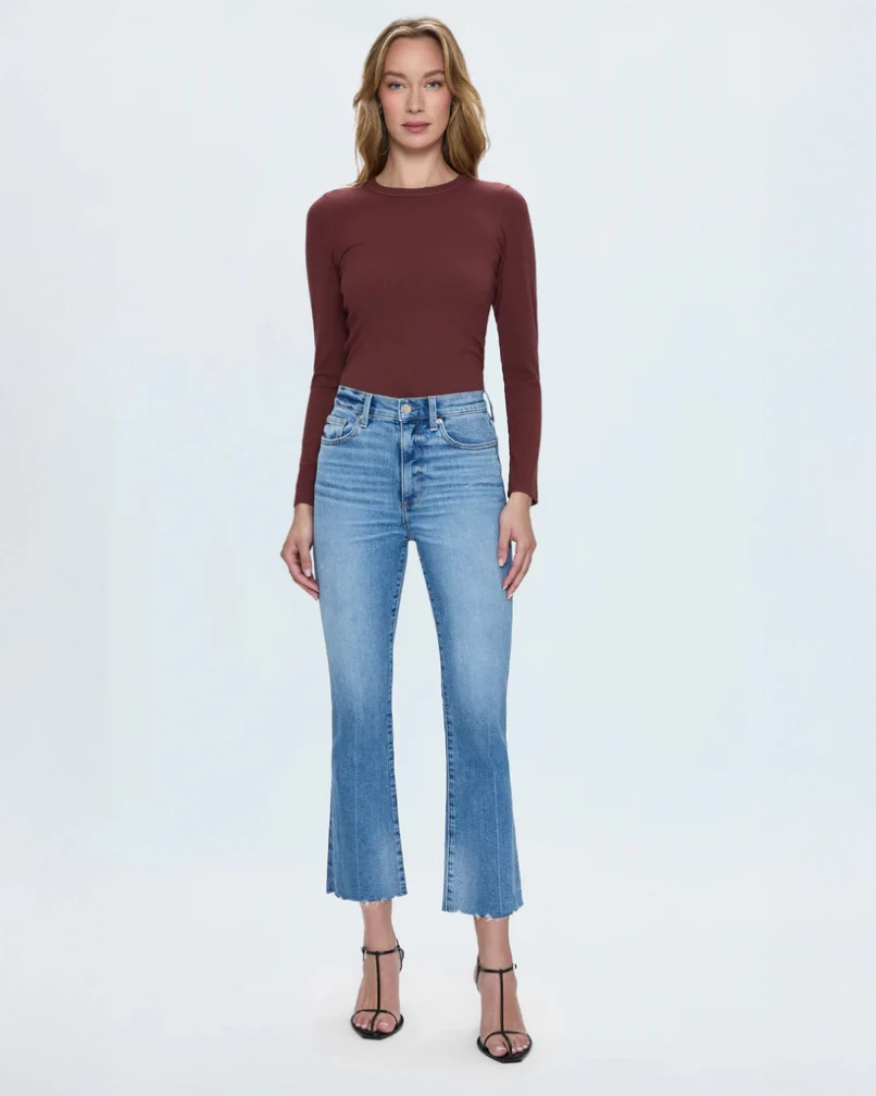Model wears Pistola Lennon high waisted cropped jeans