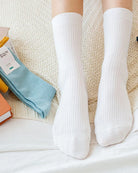 Pleat Crew Cotton Socks in White